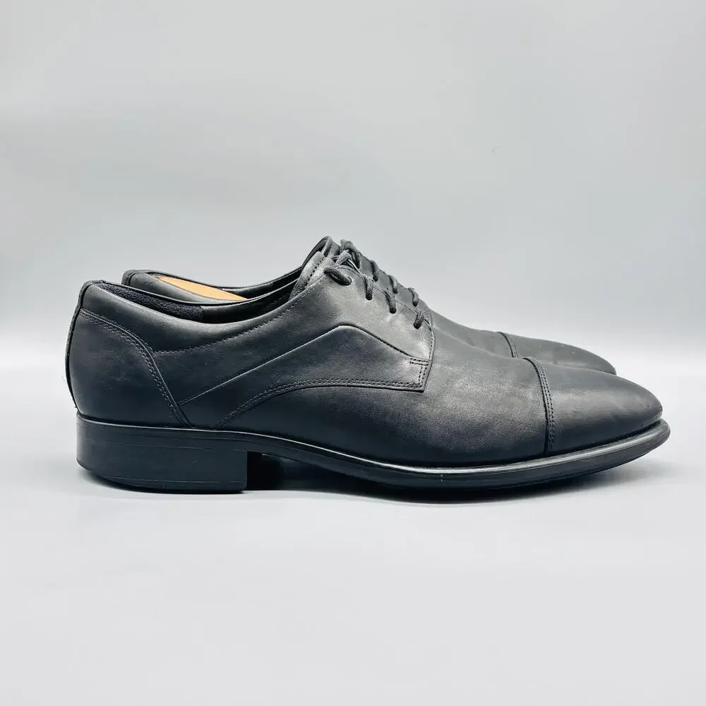 Ecco Shoes Mens 11 Black Leather Citytray Cap Toe Oxford Lace Up Slip On Dress